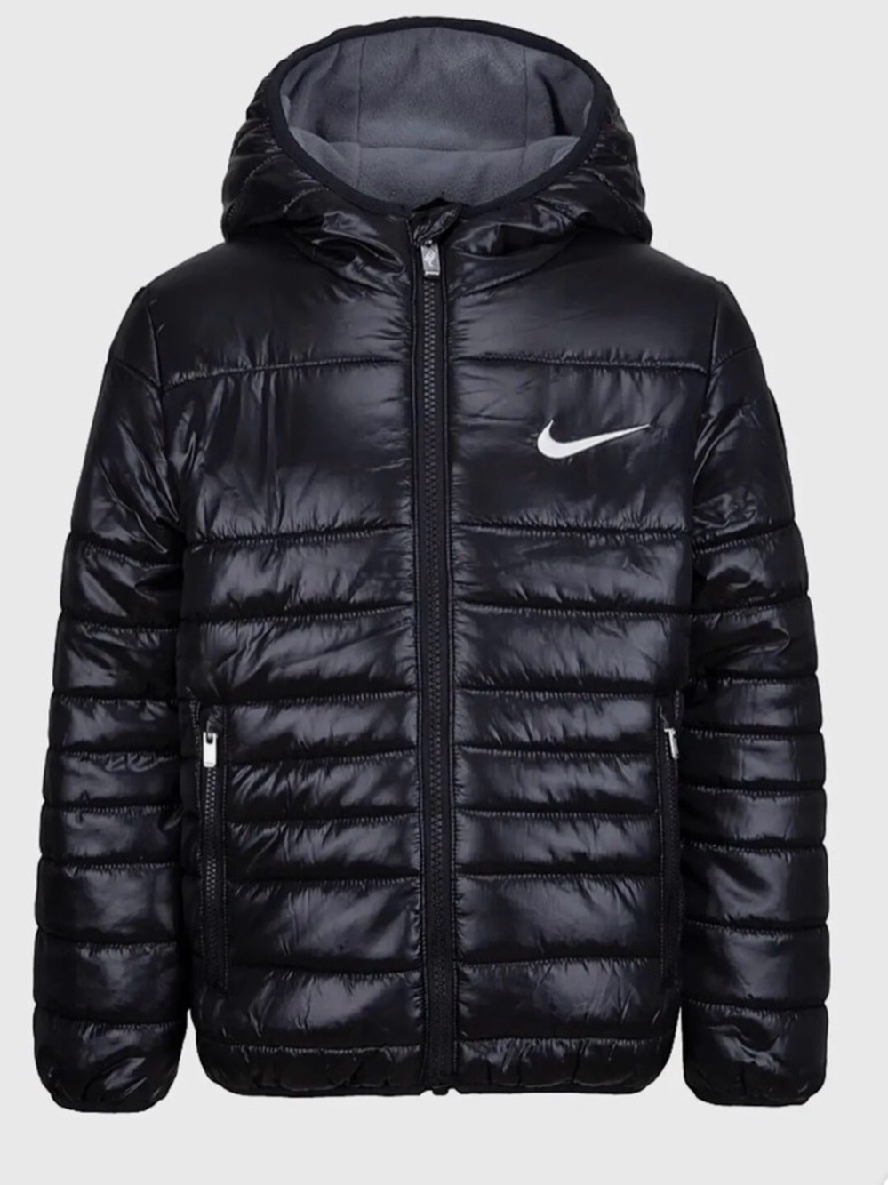 Nike Black Quilted Puffer Jacket with Hood and White Swoosh
